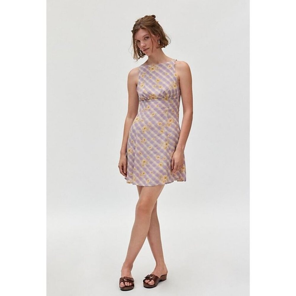 Kimchi Blue Women's Mini Dress S Susie Purple White Floral Open Back Swing NEW